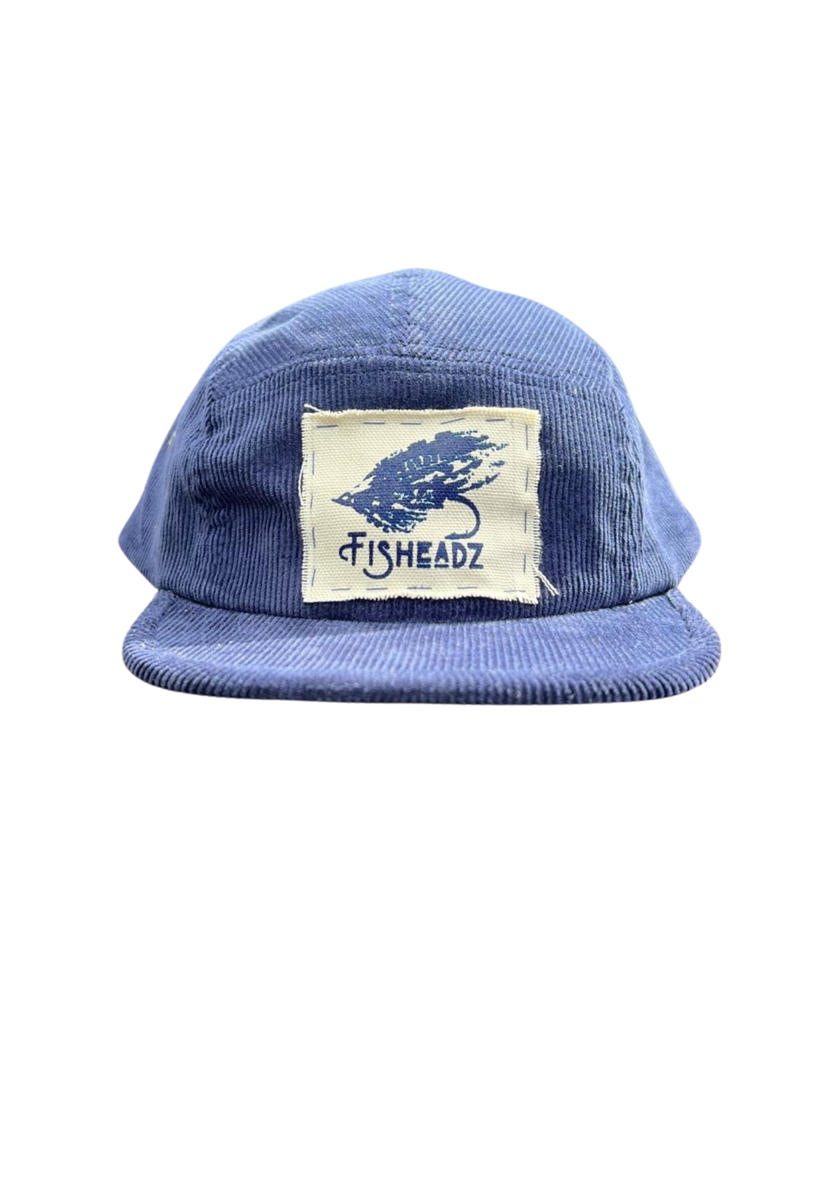 A blue corduroy 5-panel cap with a beige rectangular patch on the front featuring a blue fish hook and the brand name 'FISHEADZ'.