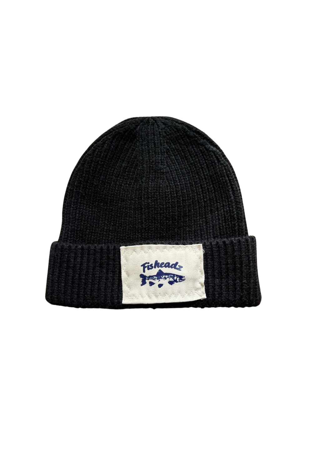 A black ribbed knit beanie hat with a folded cuff, featuring a white rectangular patch on the front with a blue fish logo and the text 'Fishheads'.