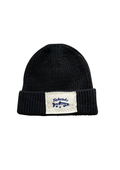 A black ribbed knit beanie hat with a folded cuff, featuring a white rectangular patch on the front with a blue fish logo and the text 'Fishheads'.