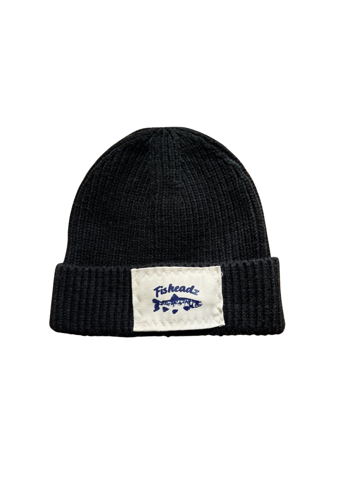 A black ribbed knit beanie hat with a folded cuff, featuring a white rectangular patch on the front with a blue fish logo and the text 'Fishheads'.